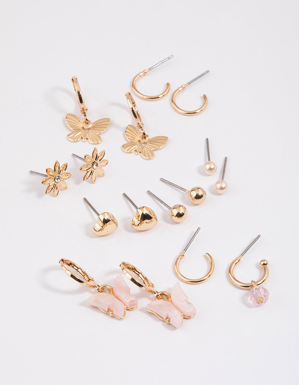 8-Piece Set of Gold-Toned Butterfly Motif Stud and Hoop Earrings for Trendy Ear Stacking