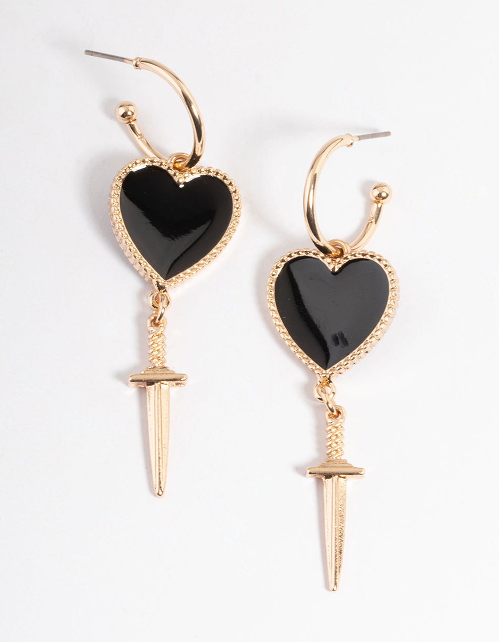 Gorgeous Gold Drop Earrings with Heart & Dagger Design