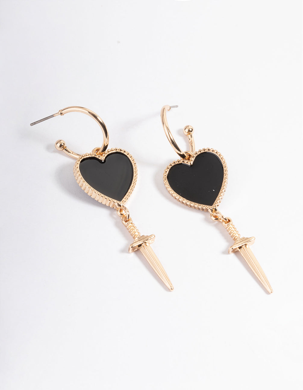 Gorgeous Gold Drop Earrings with Heart & Dagger Design