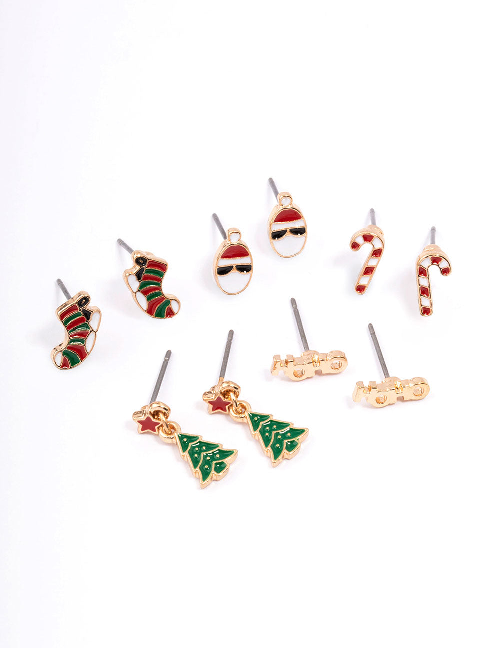 Five - Piece Set of Gold - Plated HoHo & Santa Christmas Stud Earrings for Festive Celebrations