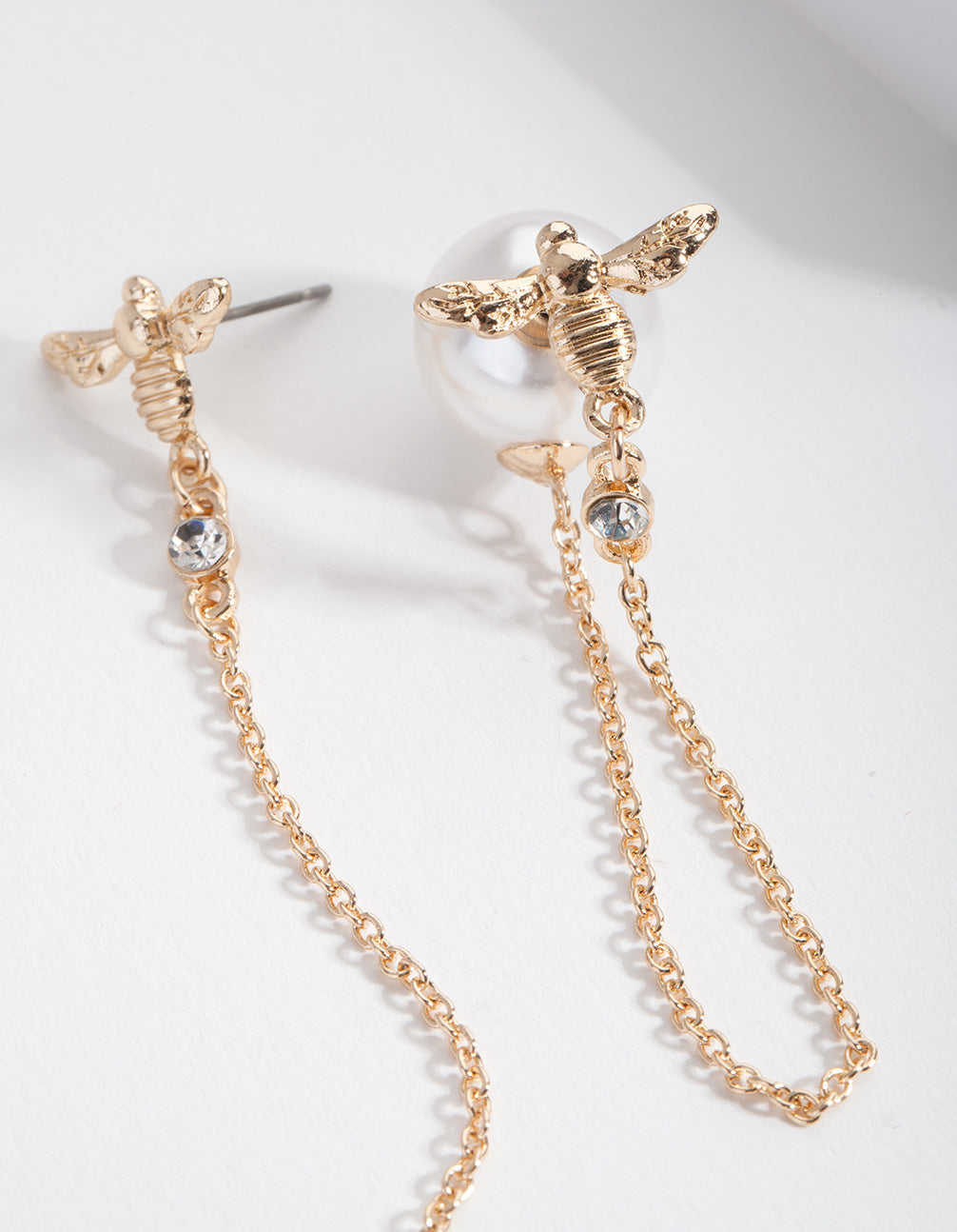 Stylish Gold-Toned Bee and Pearl Backing Asymmetrical Drop Earrings