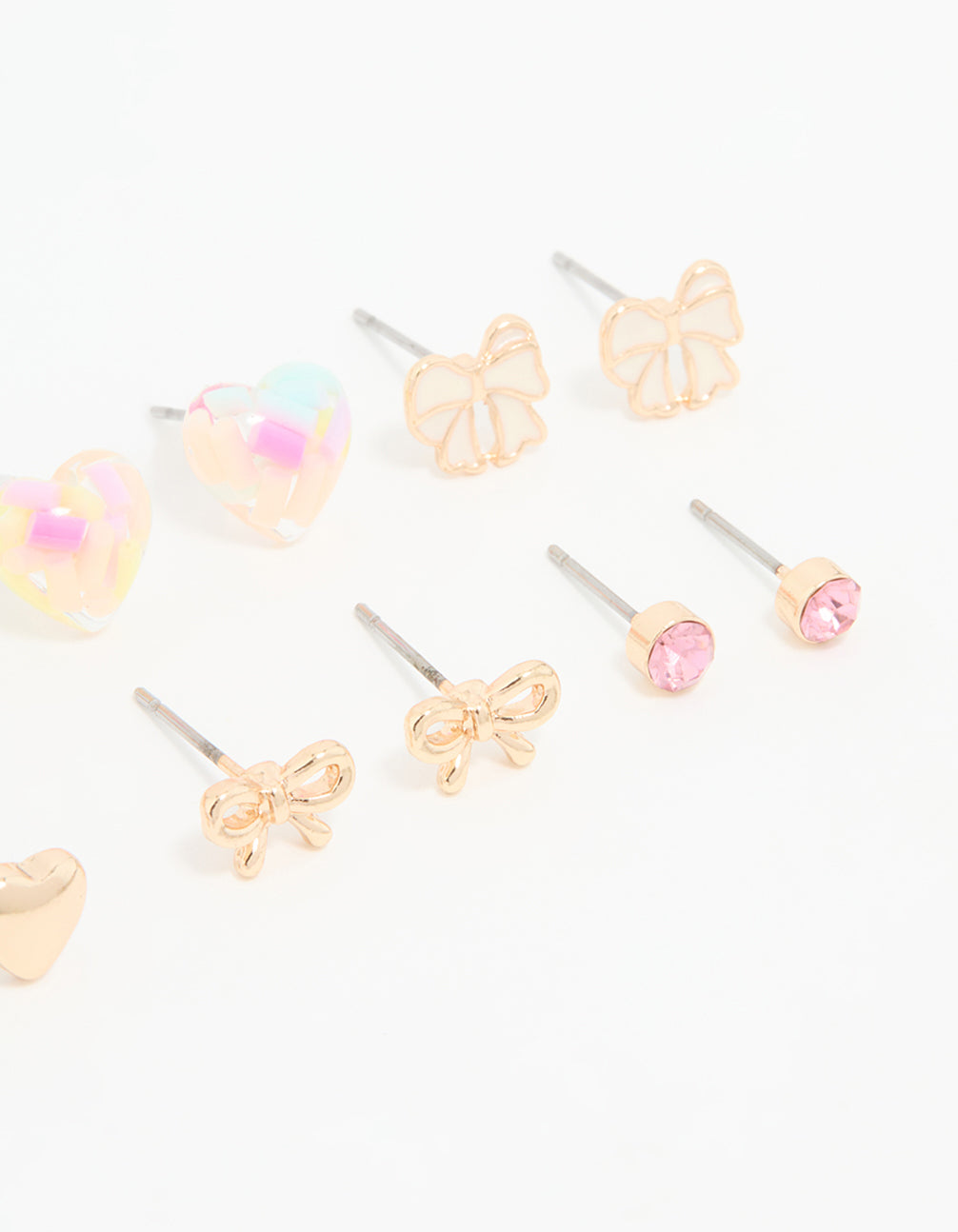 8-Piece Gold Bow and Heart Stud Earrings Set for Style Mixing