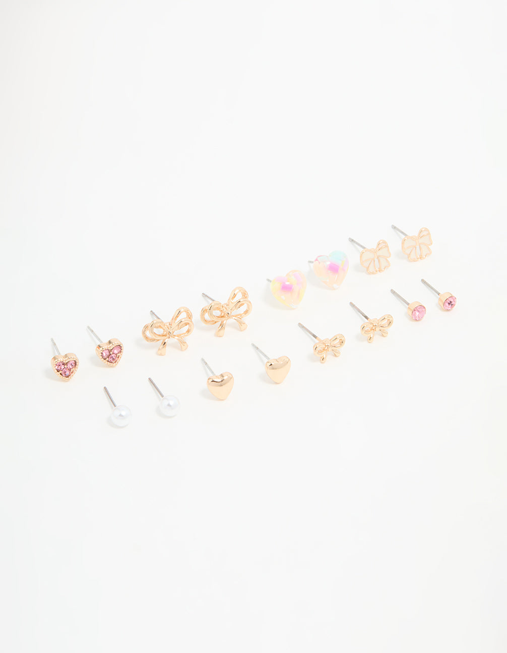 8-Piece Gold Bow and Heart Stud Earrings Set for Style Mixing