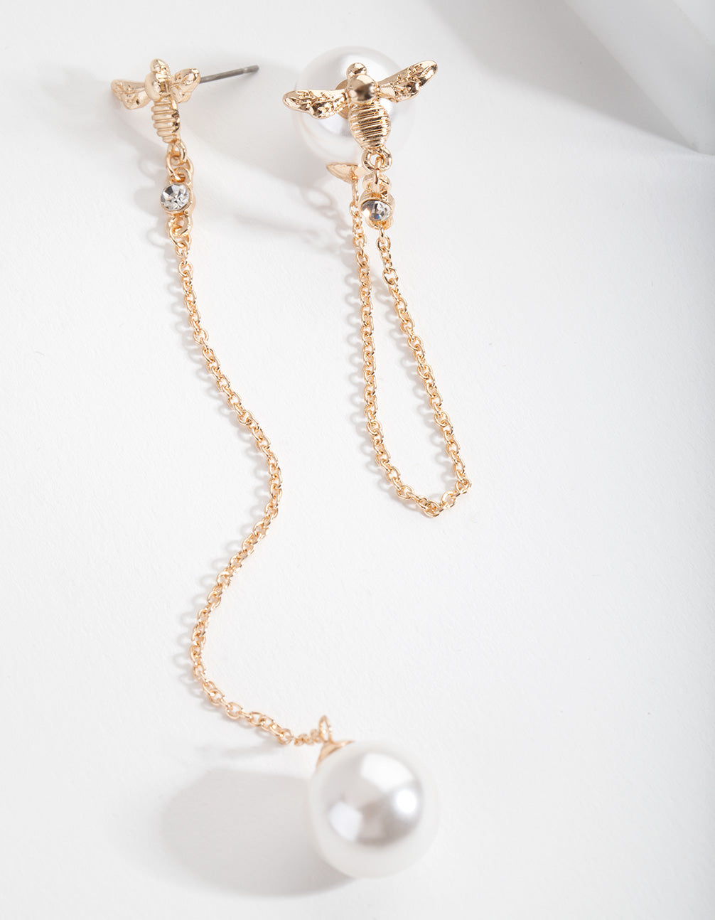 Stylish Gold-Toned Bee and Pearl Backing Asymmetrical Drop Earrings