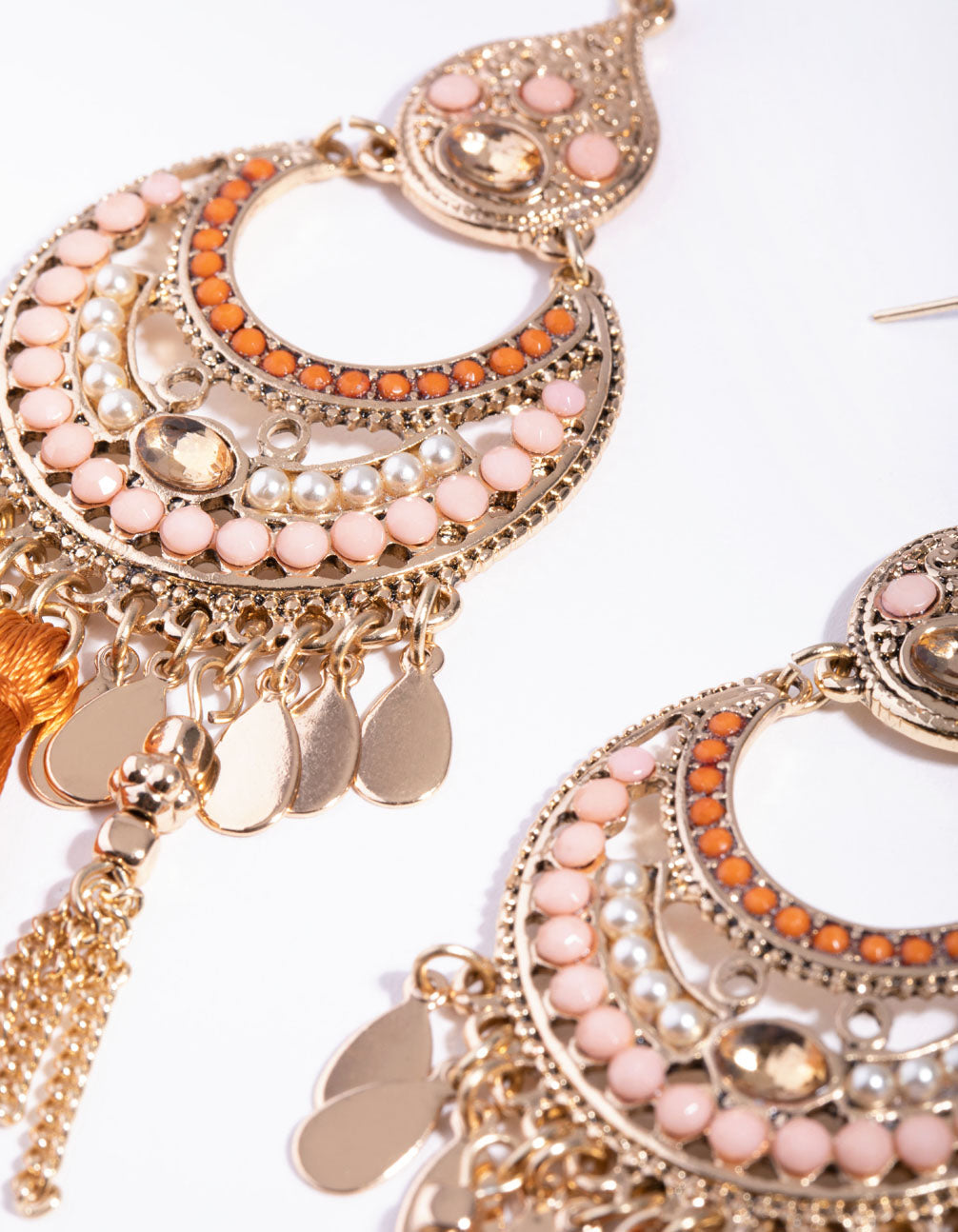Fashionable Gold-Toned Beaded Orange Tassel Chandbali Style Drop Earrings for Women