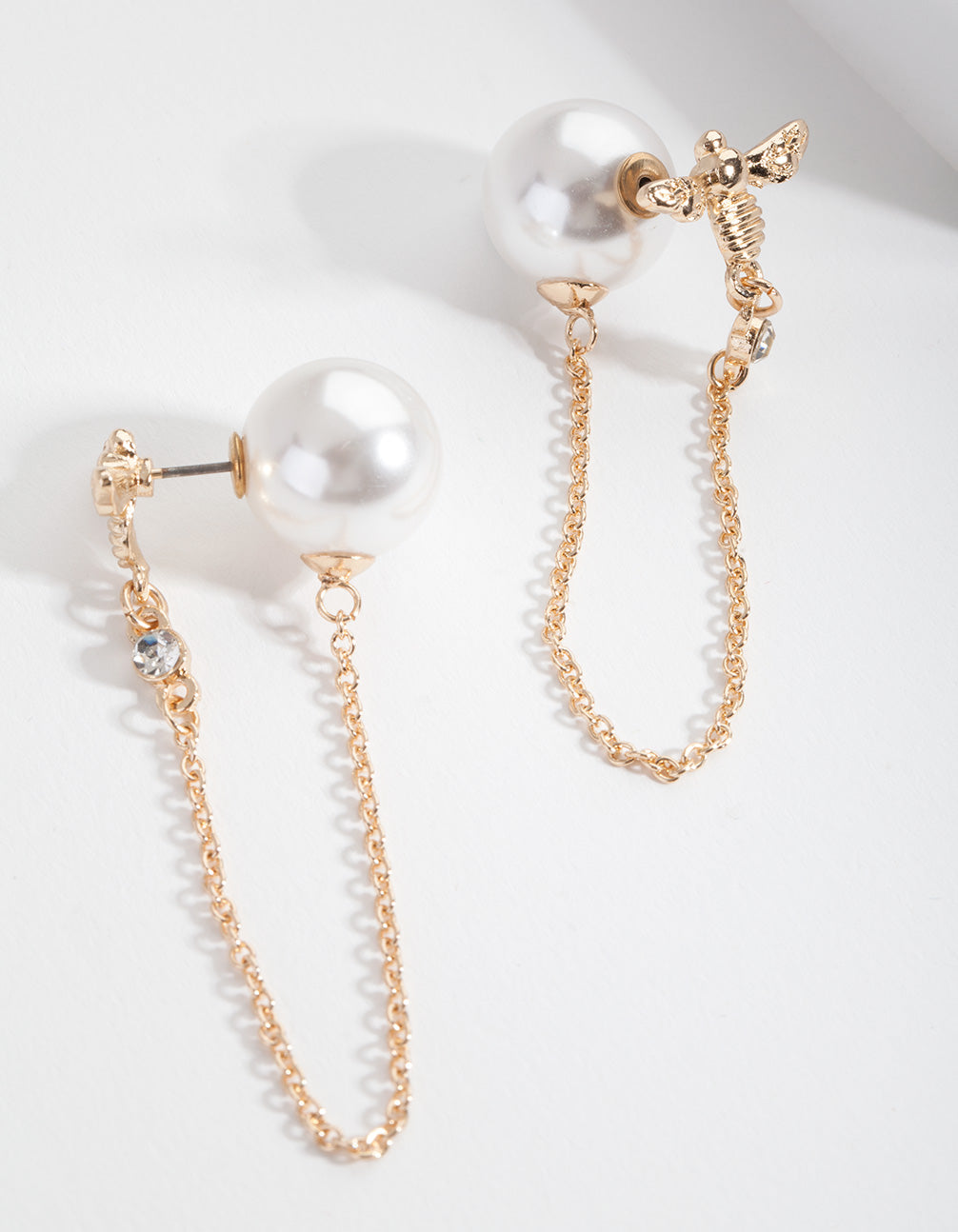 Stylish Gold-Toned Bee and Pearl Backing Asymmetrical Drop Earrings