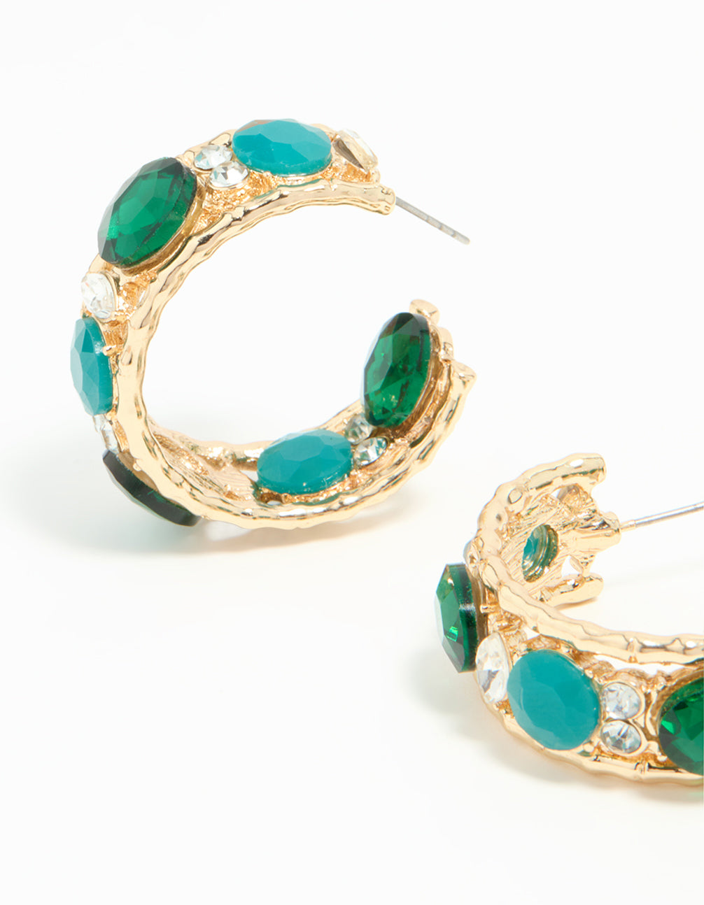 Stylish Gold Hoop Earrings with Vibrant Blue and Green Stones