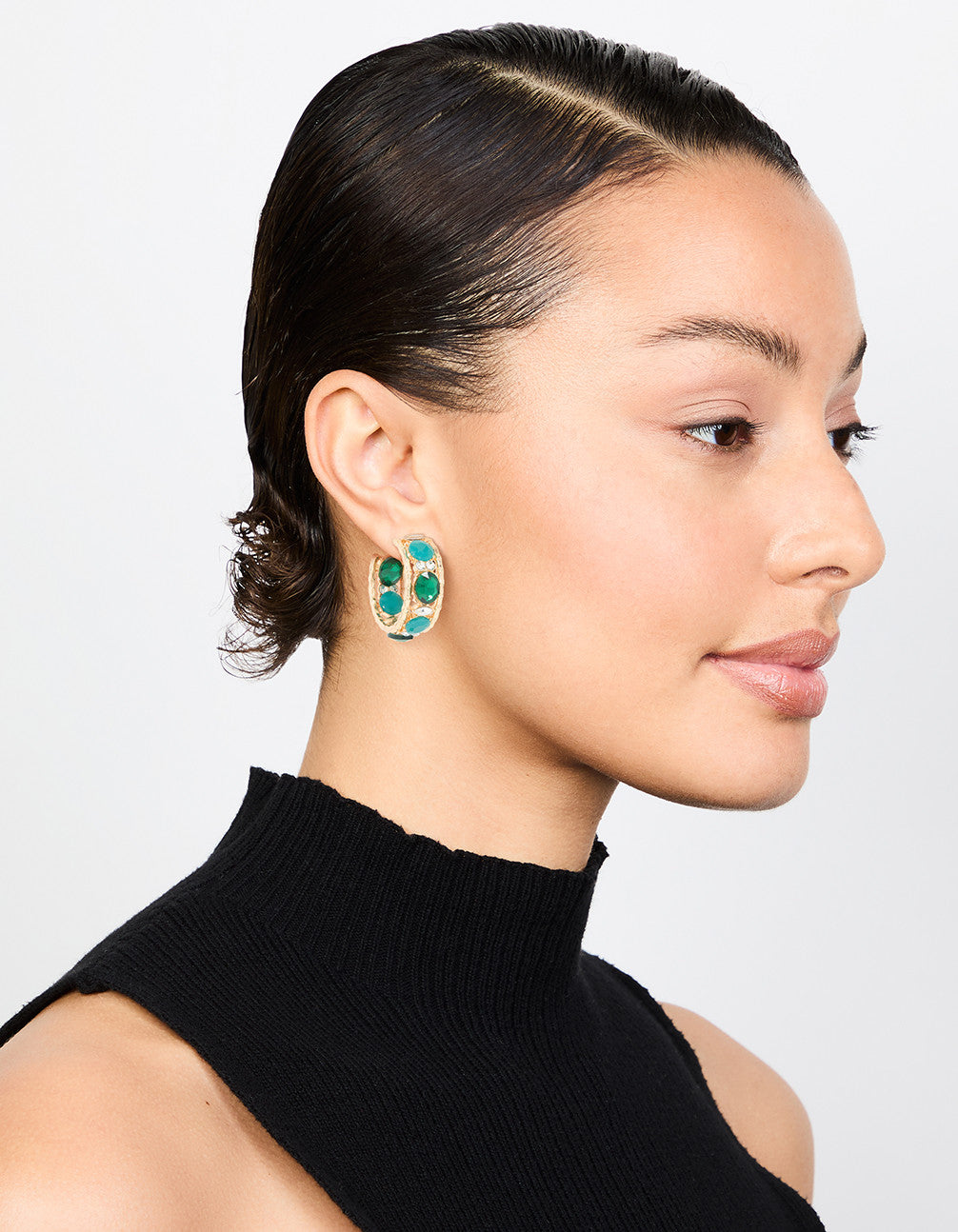 Stylish Gold Hoop Earrings with Vibrant Blue and Green Stones