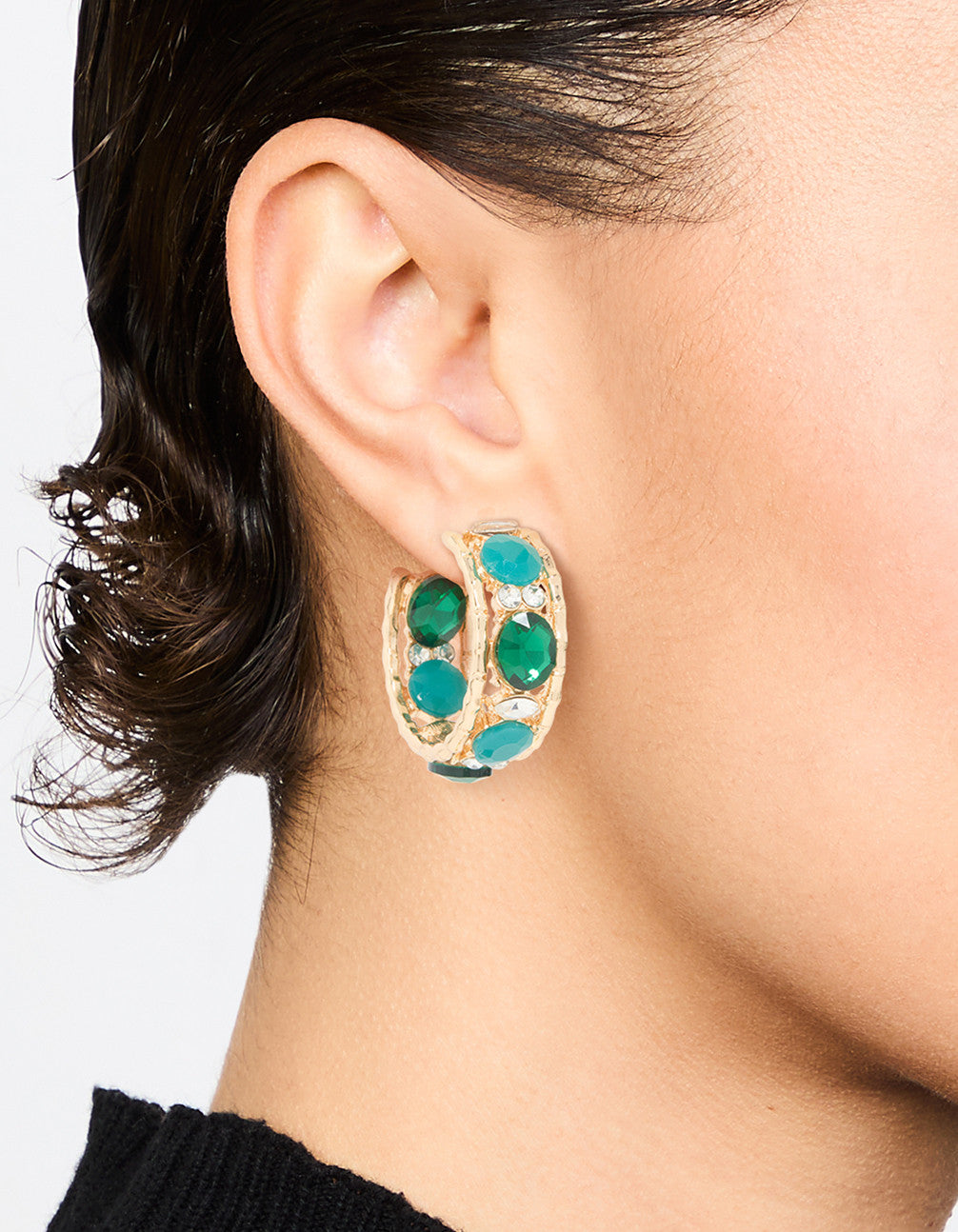Stylish Gold Hoop Earrings with Vibrant Blue and Green Stones