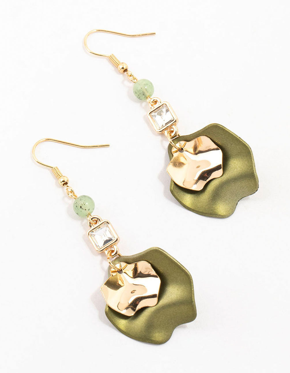 Gorgeous Gold and Green Beaded Double Petal Design Drop Earrings for Women's Jewelry Collection