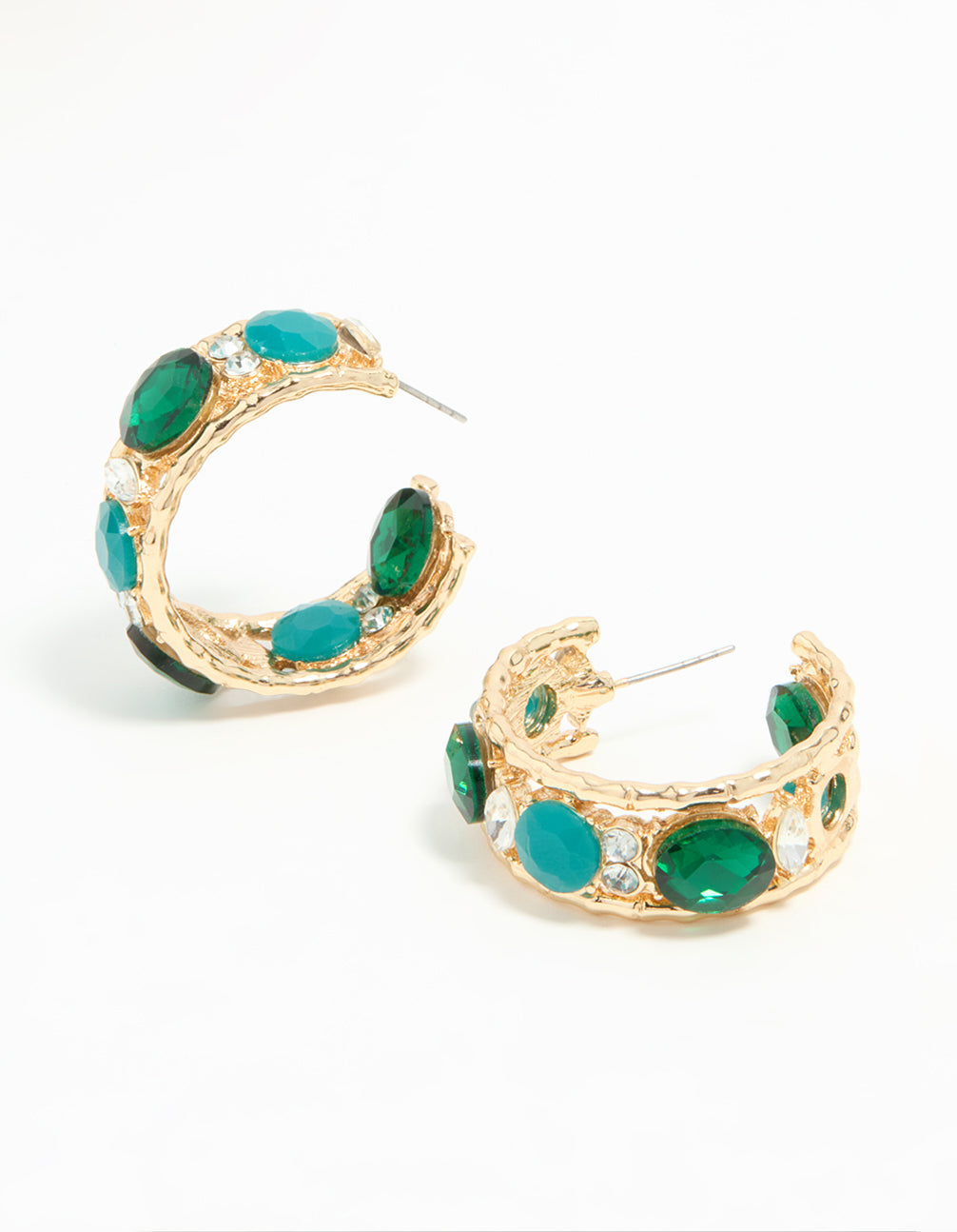Stylish Gold Hoop Earrings with Vibrant Blue and Green Stones