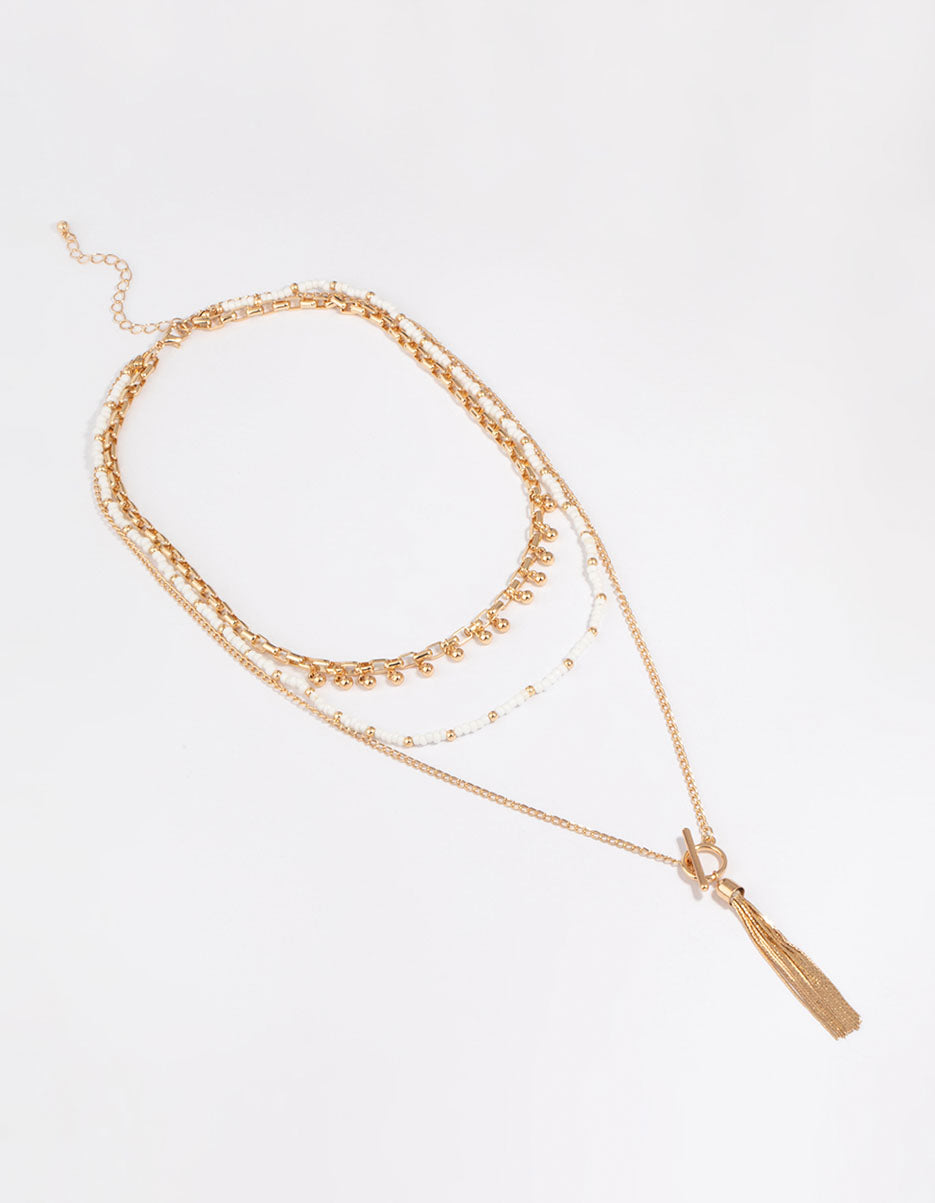 Stylish Gold Bead and Tassel Multi - Layered Necklace for Boho Lovers