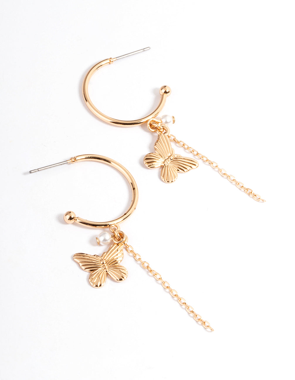 Exquisite Gold Butterfly - Designed Chain and Pearl Hoop Earrings for Fashion Enthusiasts