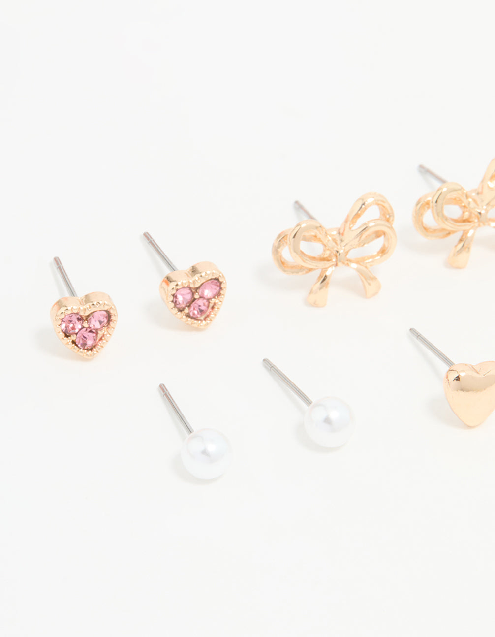 8-Piece Gold Bow and Heart Stud Earrings Set for Style Mixing
